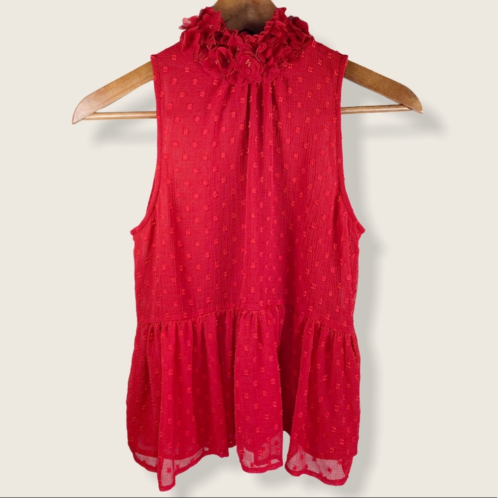 Zara Red Embellished High Collar Peplum Blouse